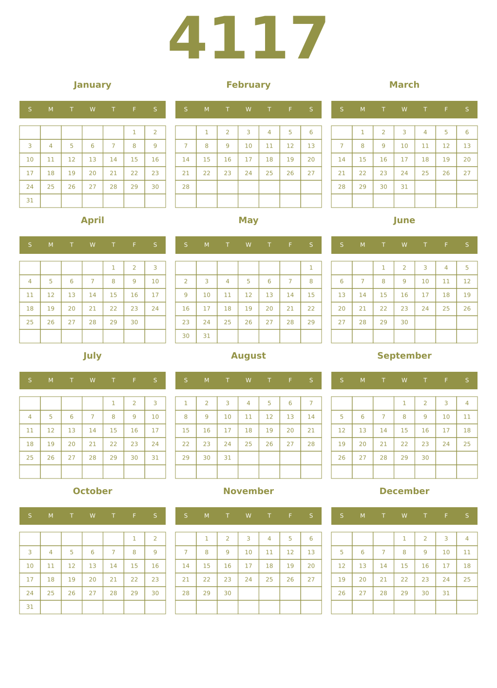 Printable 4117 Year Calendars eburnean