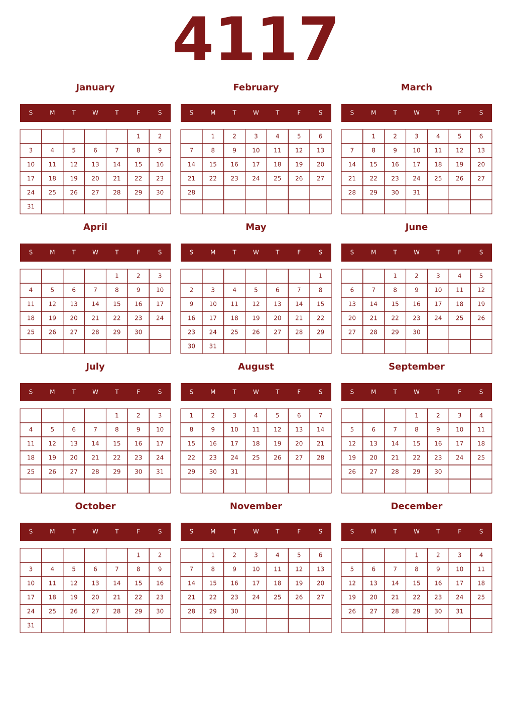 Printable 4117 Year Calendars falu