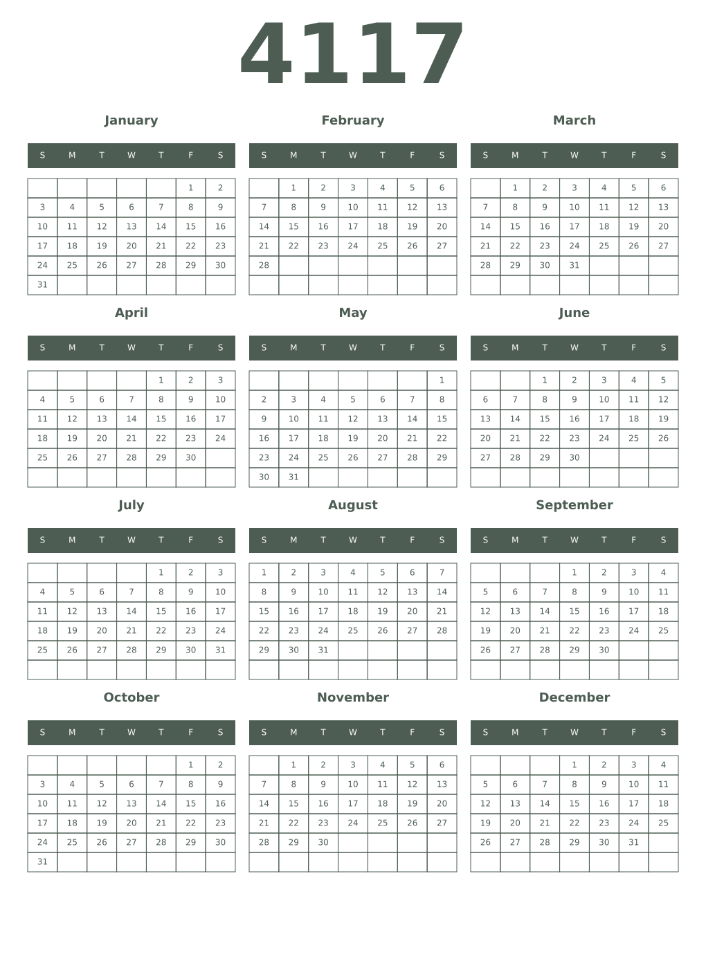 Printable 4117 Year Calendars feldgrau