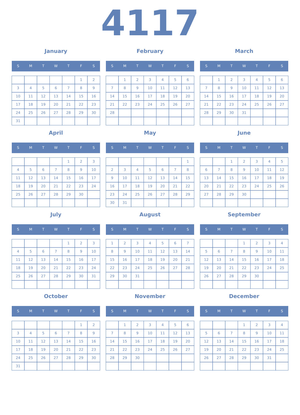 Printable 4117 Year Calendars glaucous