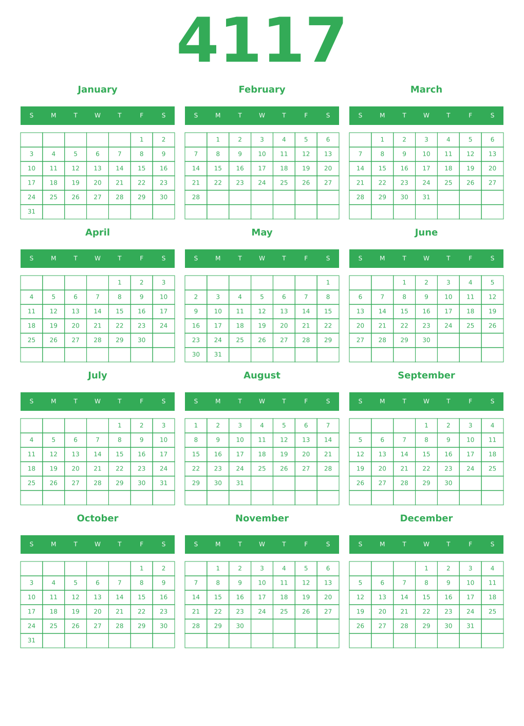 Printable 4117 Year Calendars green