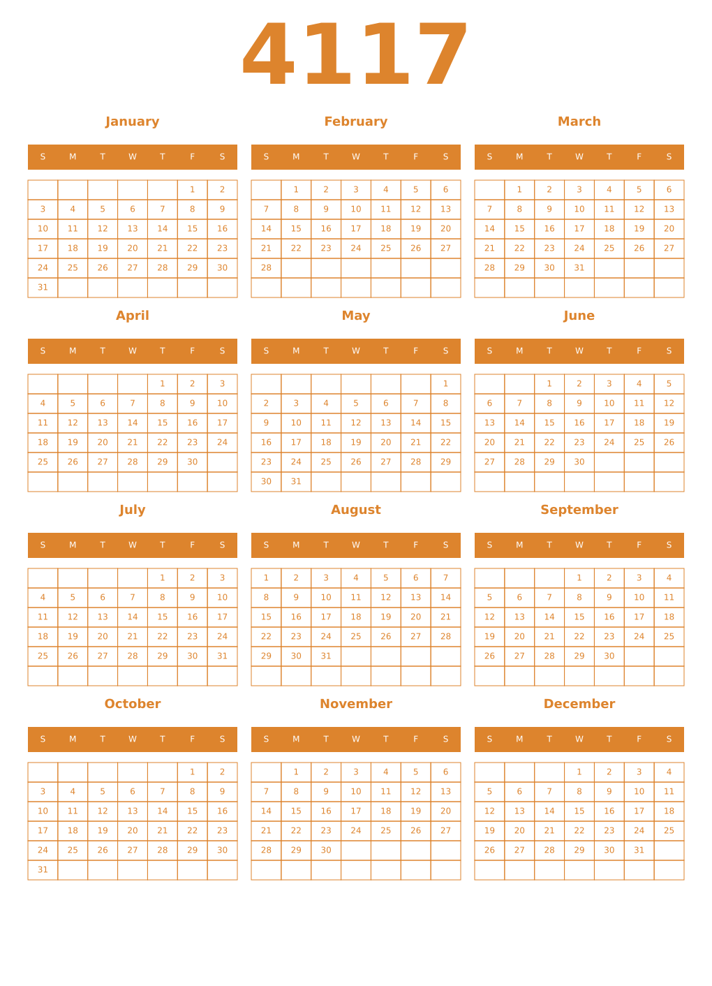 Printable 4117 Year Calendars orange