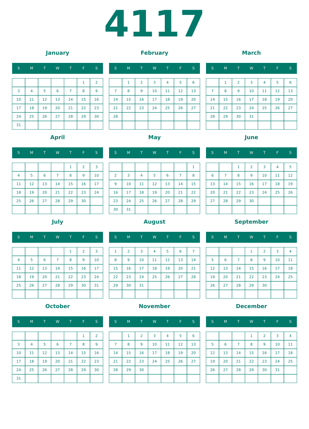 Printable 4117 Year Calendars pastel