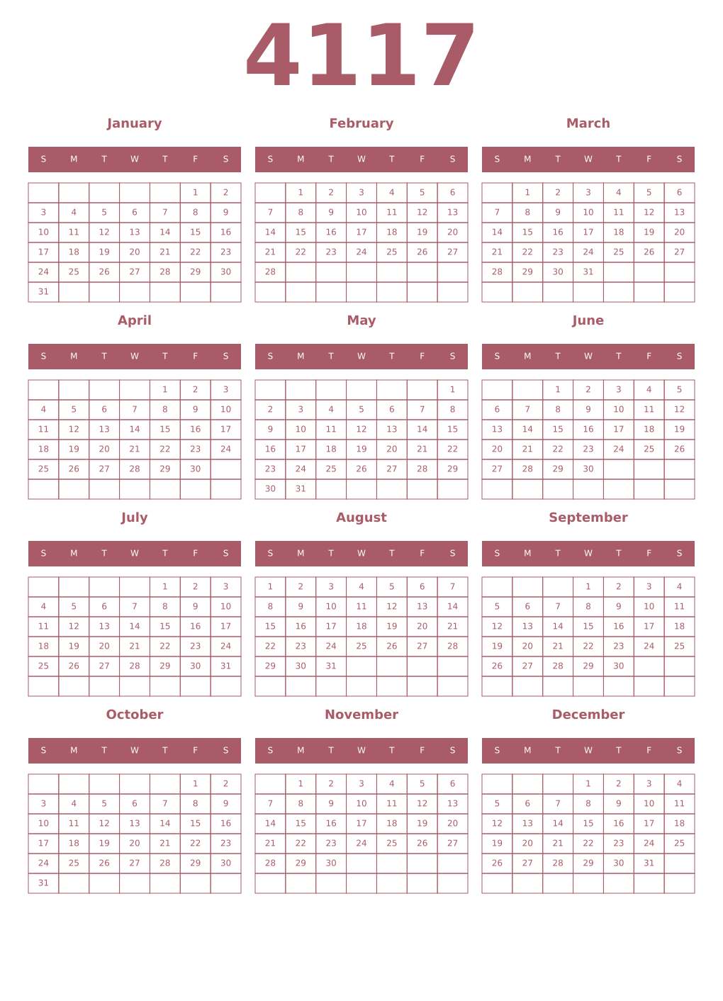 Printable 4117 Year Calendars puce