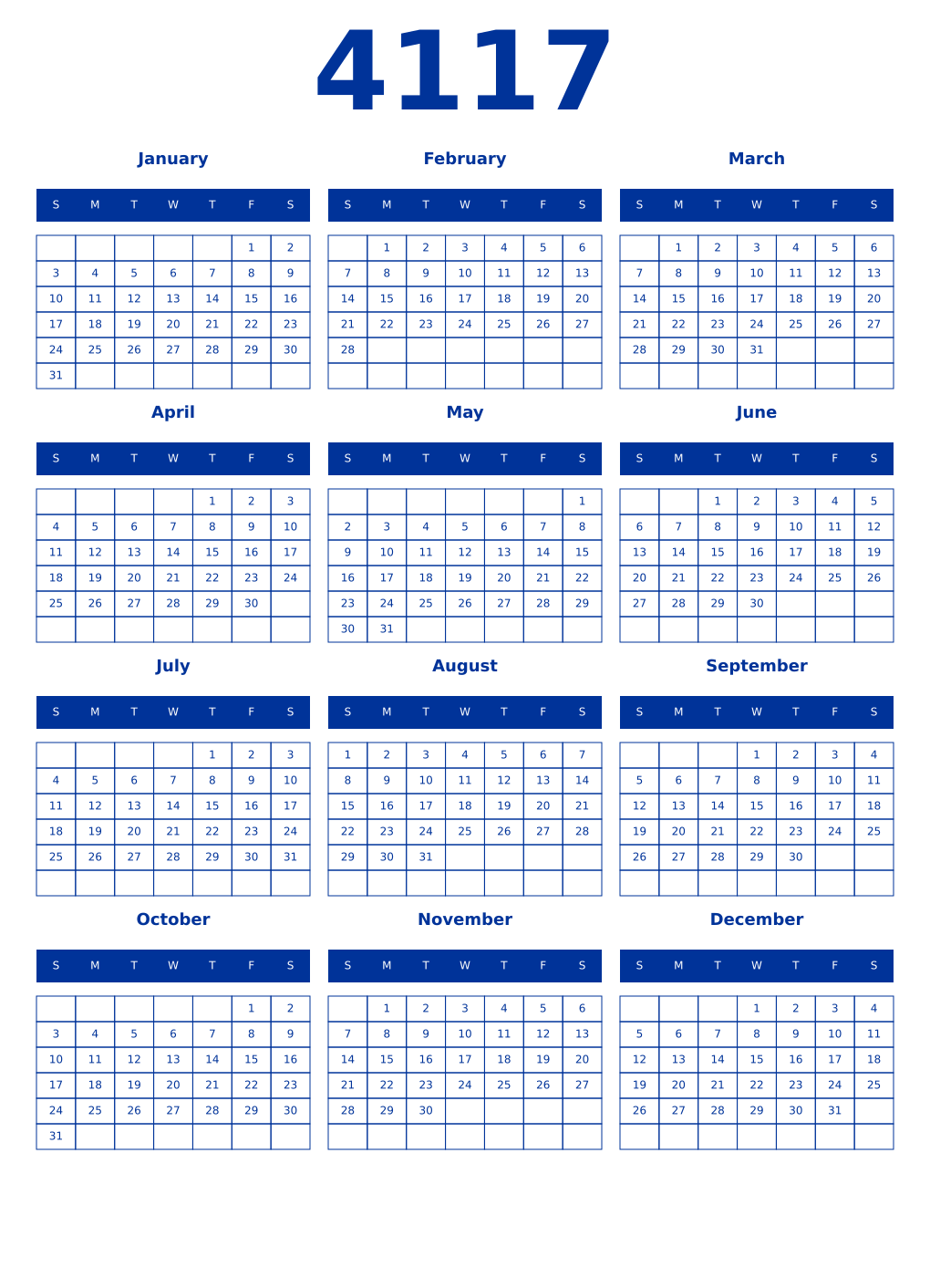 Printable 4117 Year Calendars smalt