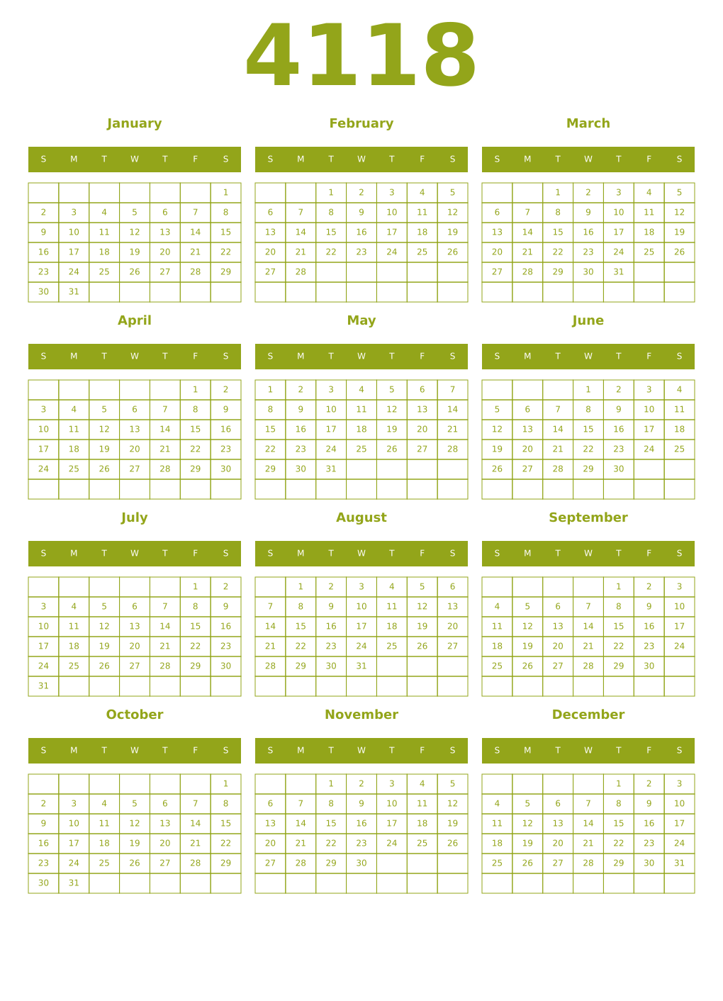 Printable 4118 Year Calendars chartreuse