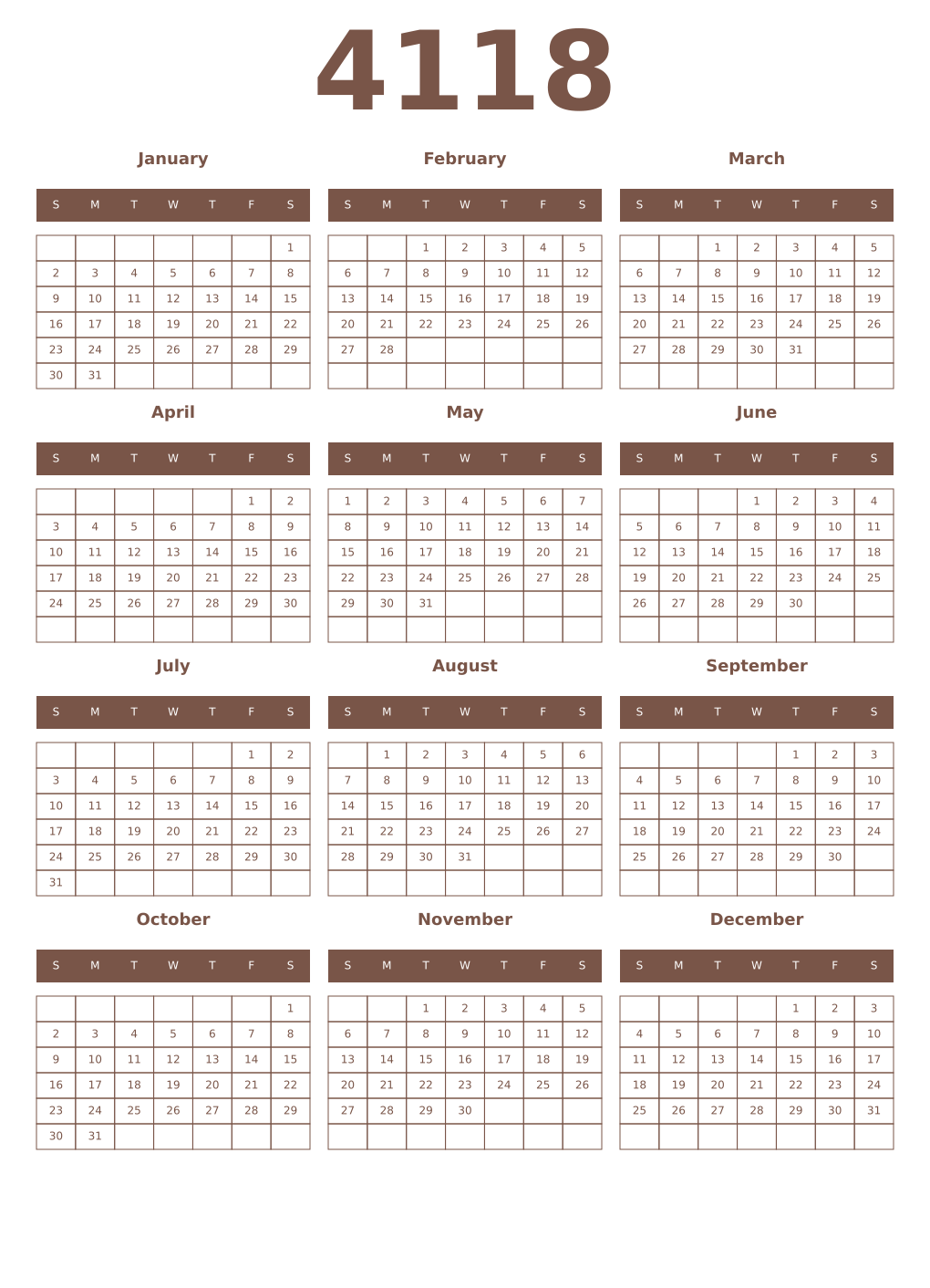 Printable 4118 Year Calendars coffe