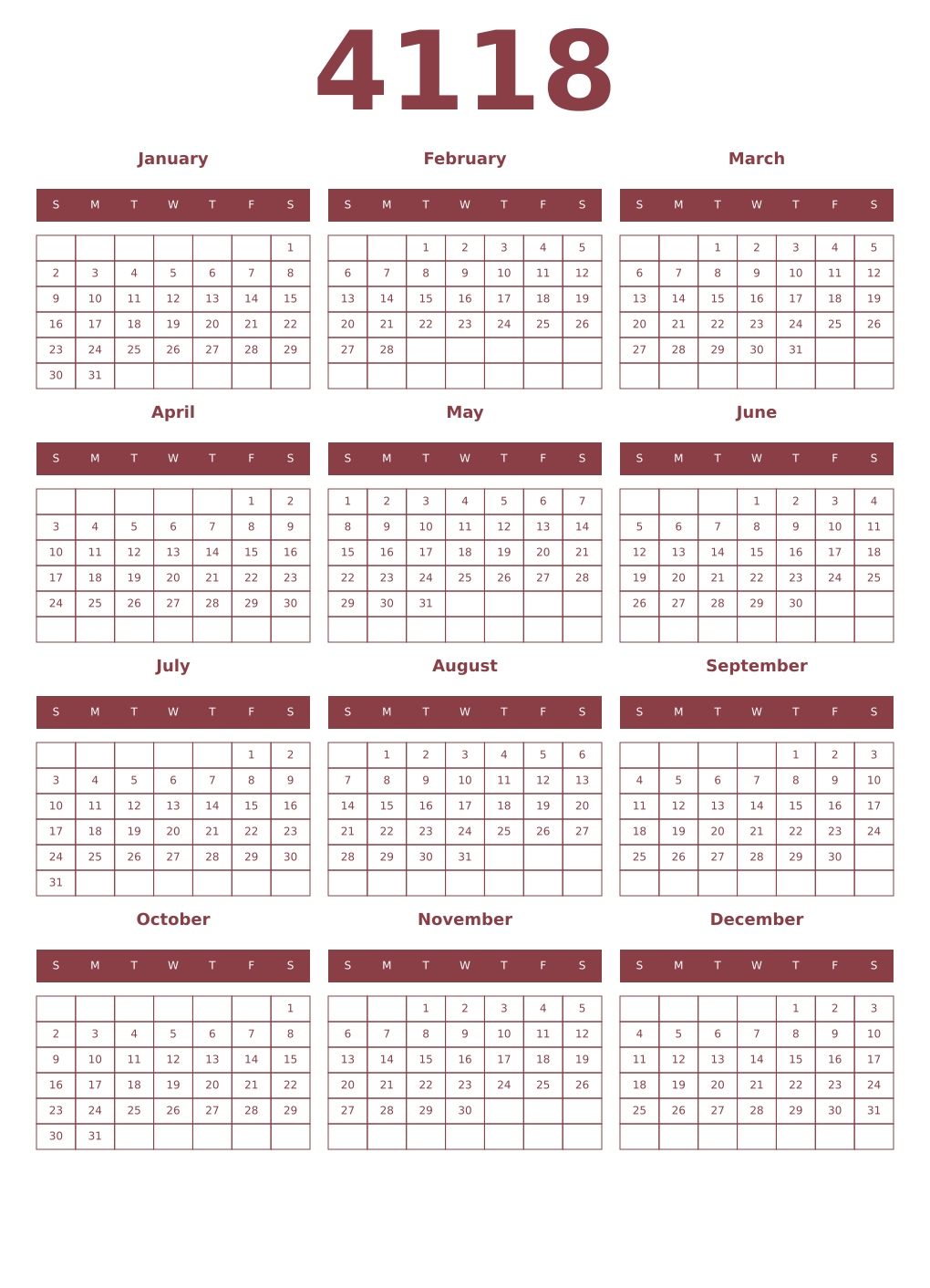 Printable 4118 Year Calendars cordovan