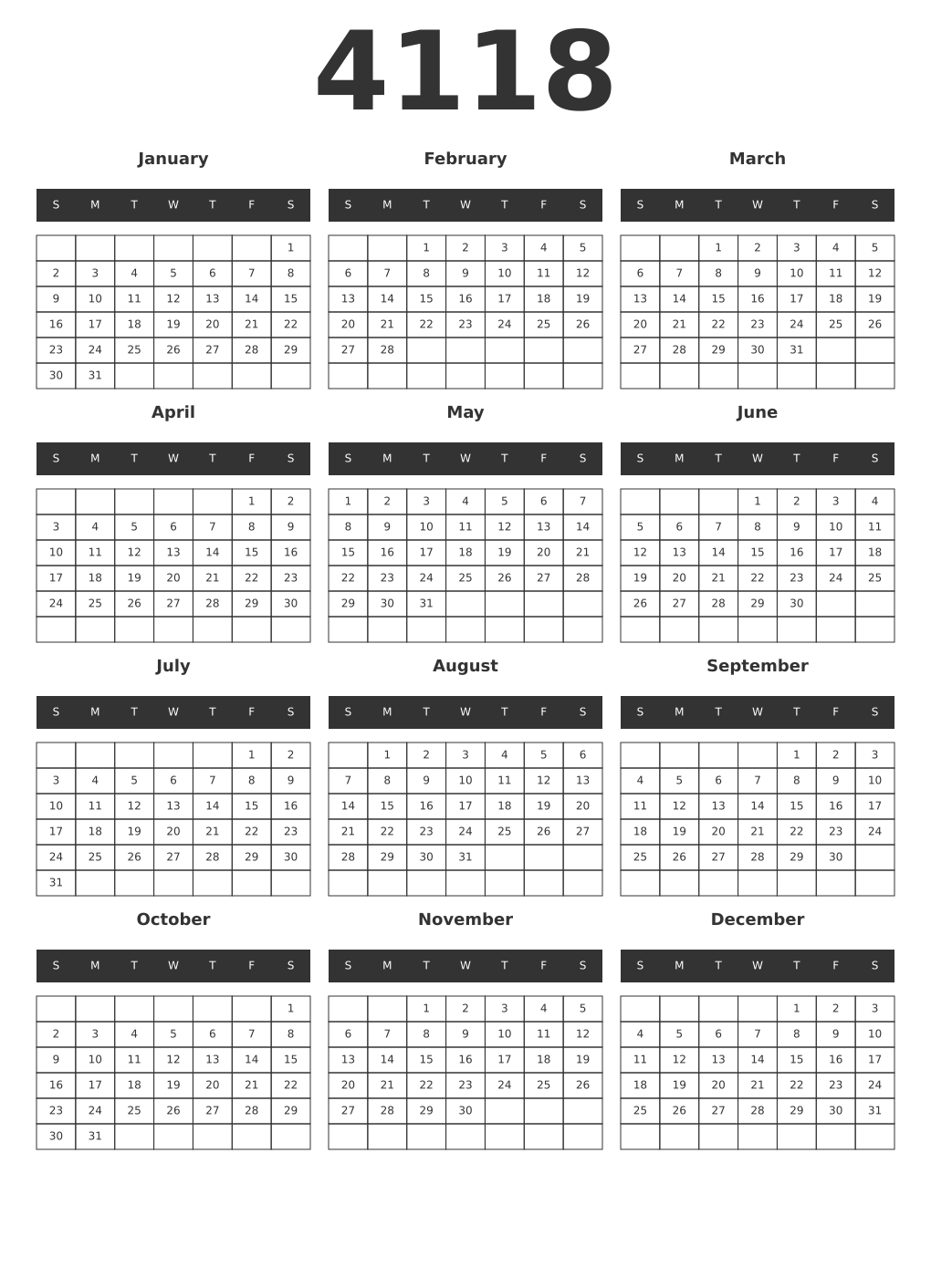 Printable 4118 Year Calendars dark