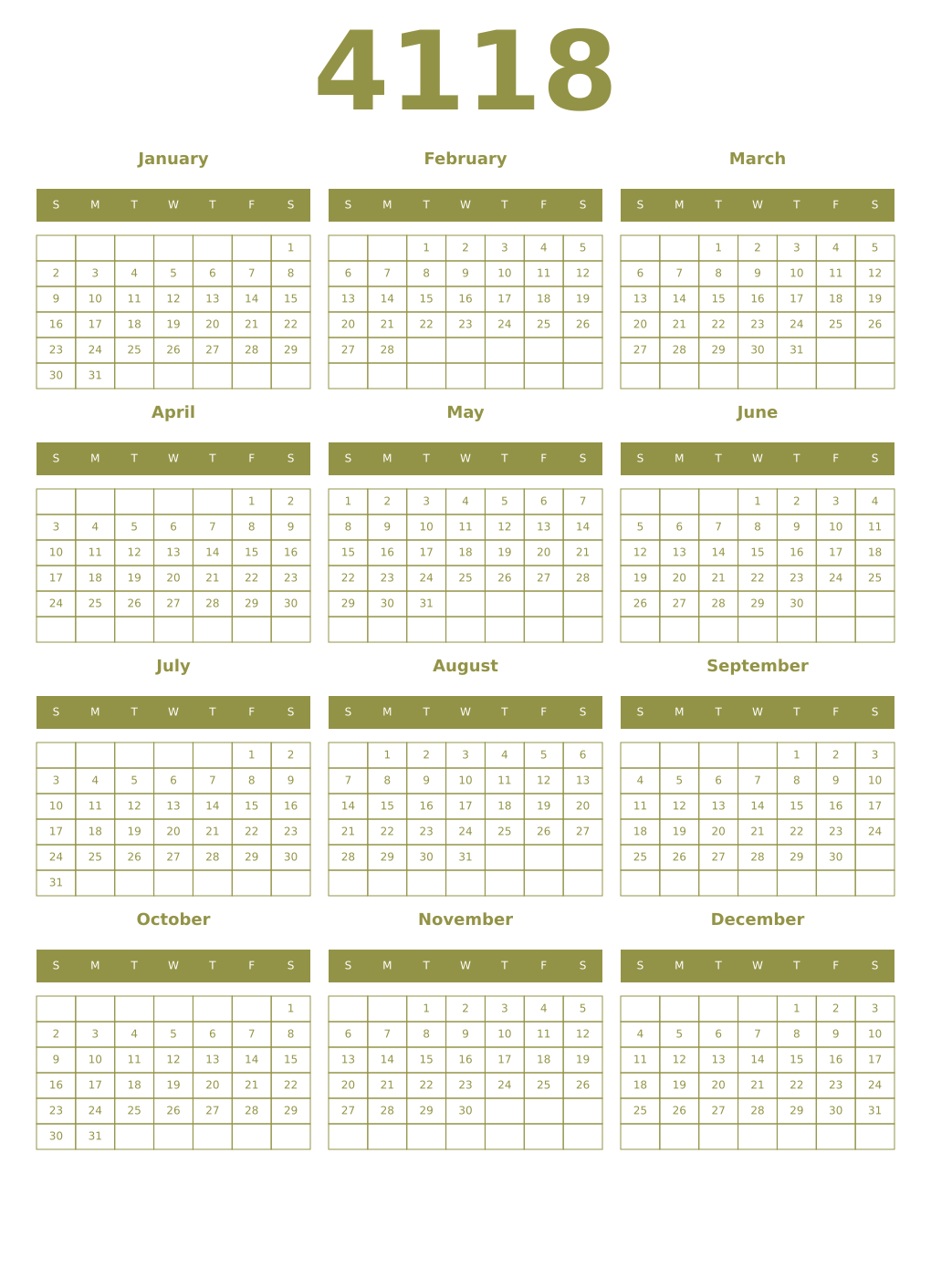Printable 4118 Year Calendars eburnean