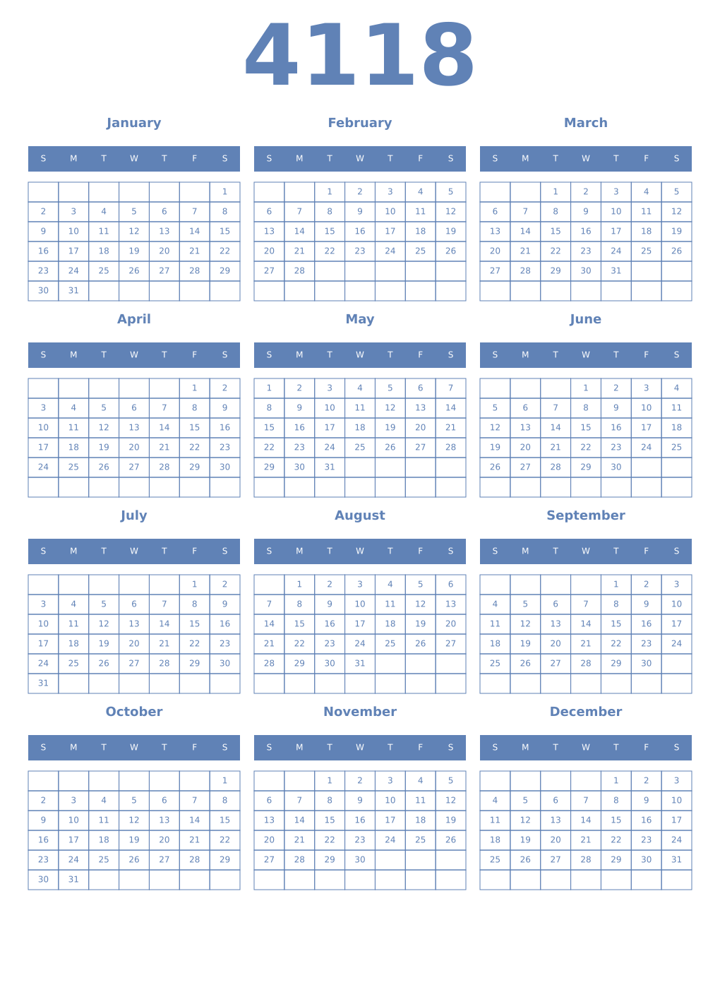 Printable 4118 Year Calendars glaucous
