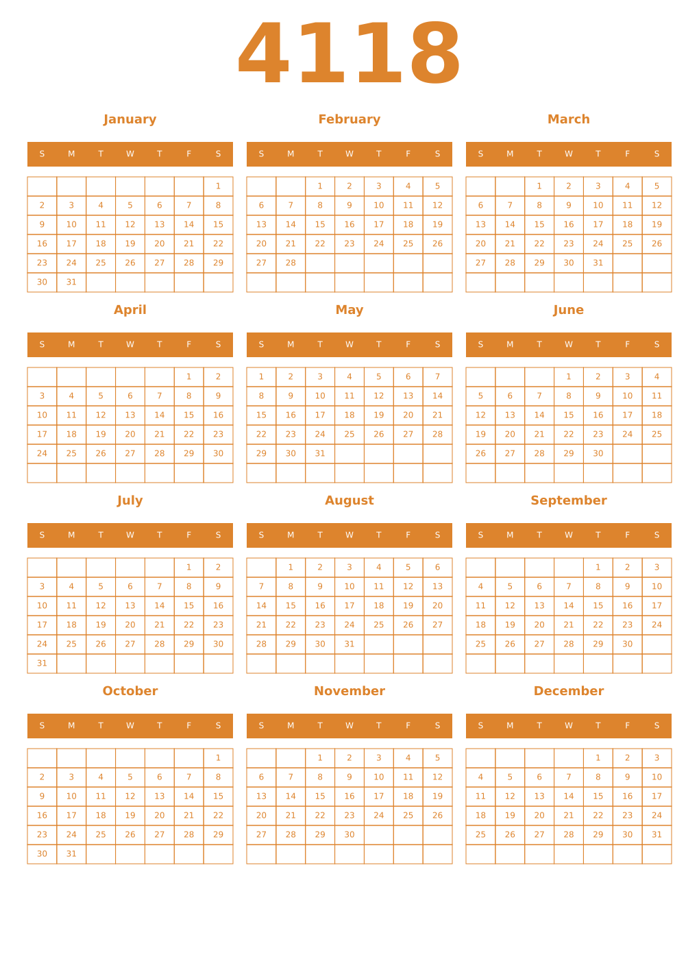 Printable 4118 Year Calendars orange