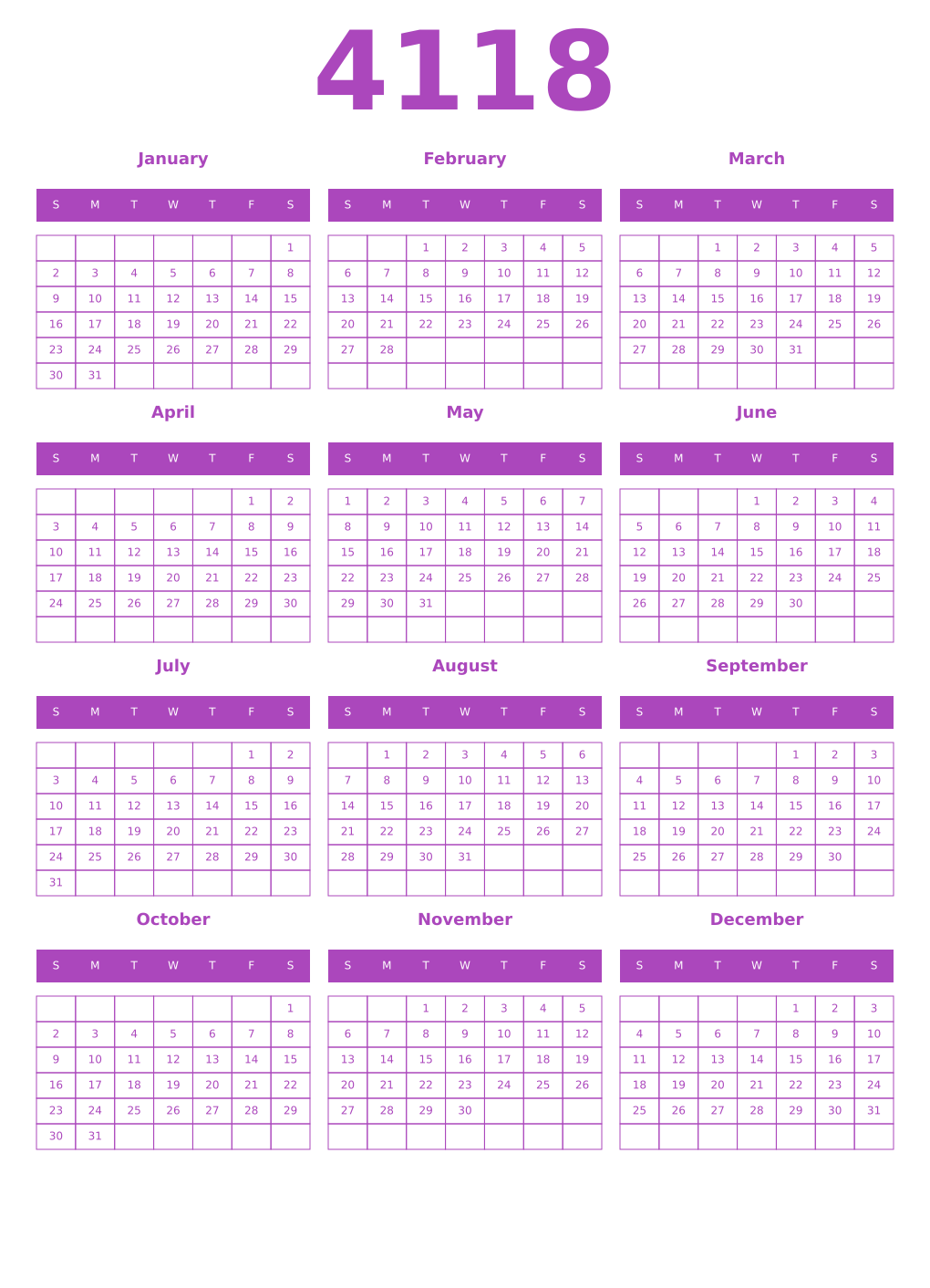 Printable 4118 Year Calendars purple