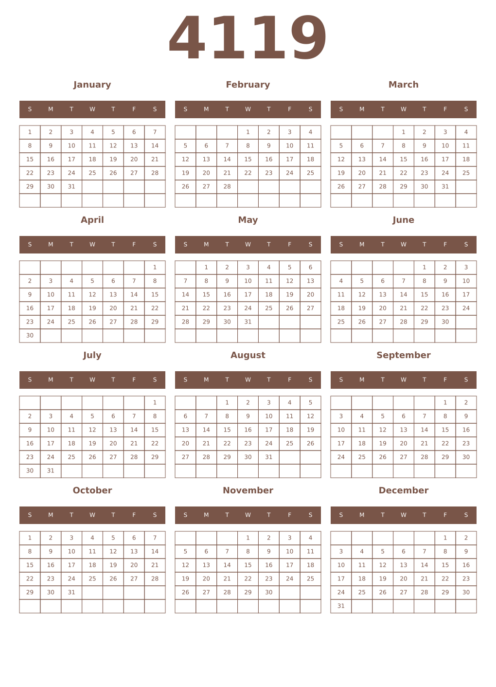 Printable 4119 Year Calendars coffe