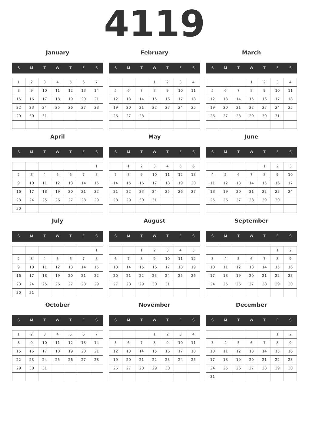 Printable 4119 Year Calendars dark