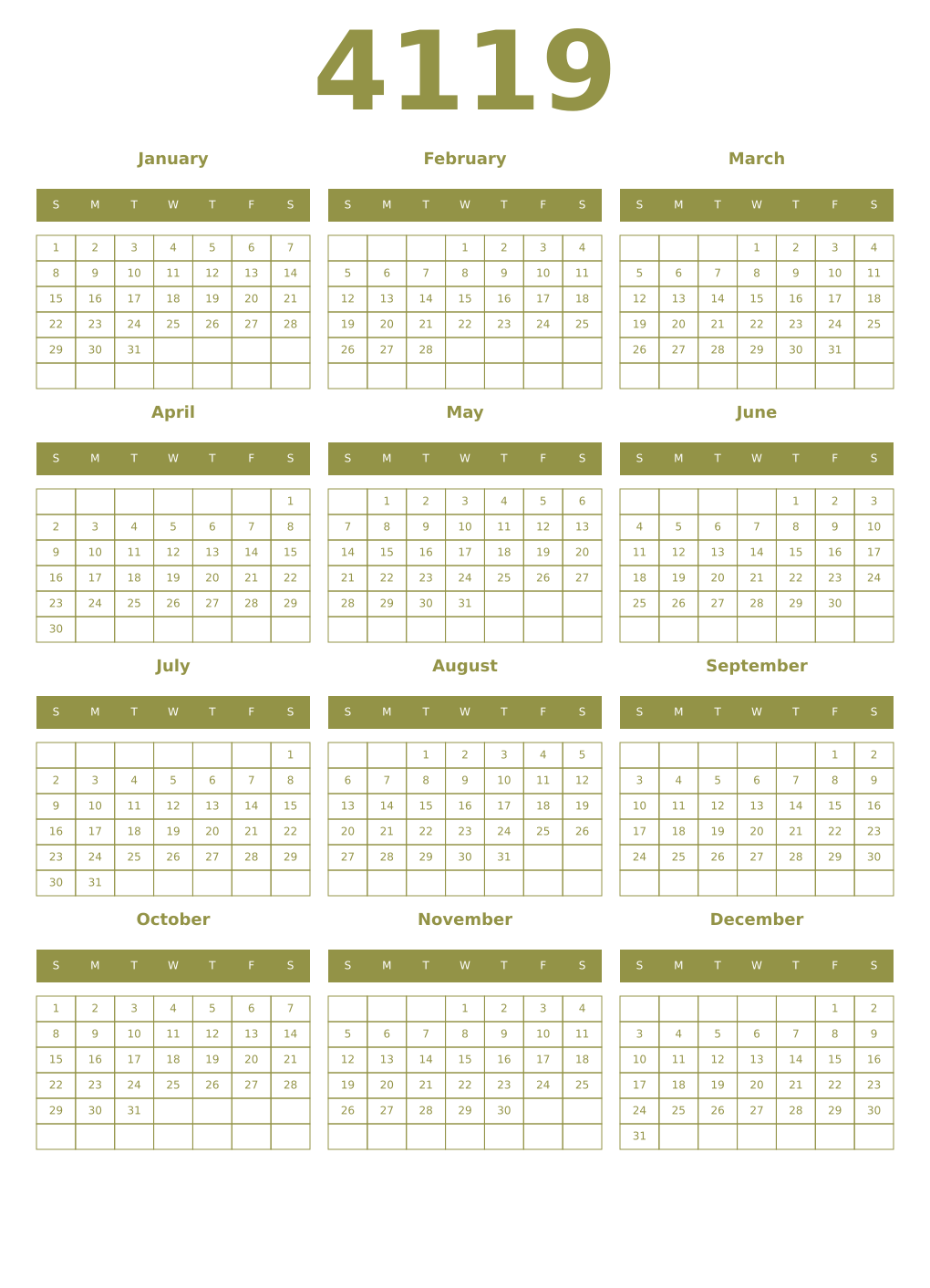 Printable 4119 Year Calendars eburnean