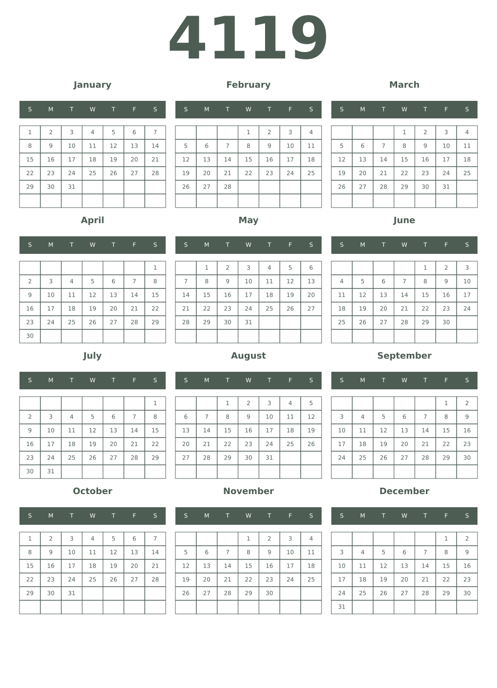 Printable 4119 Year Calendars feldgrau
