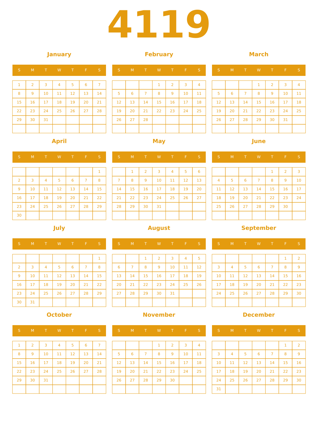 Printable 4119 Year Calendars gamboge