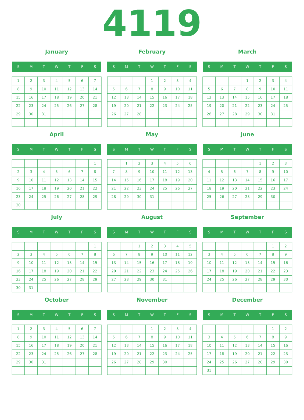 Printable 4119 Year Calendars green