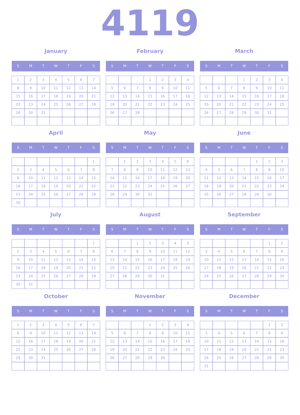 Printable 4119 Year Calendars periwinkle