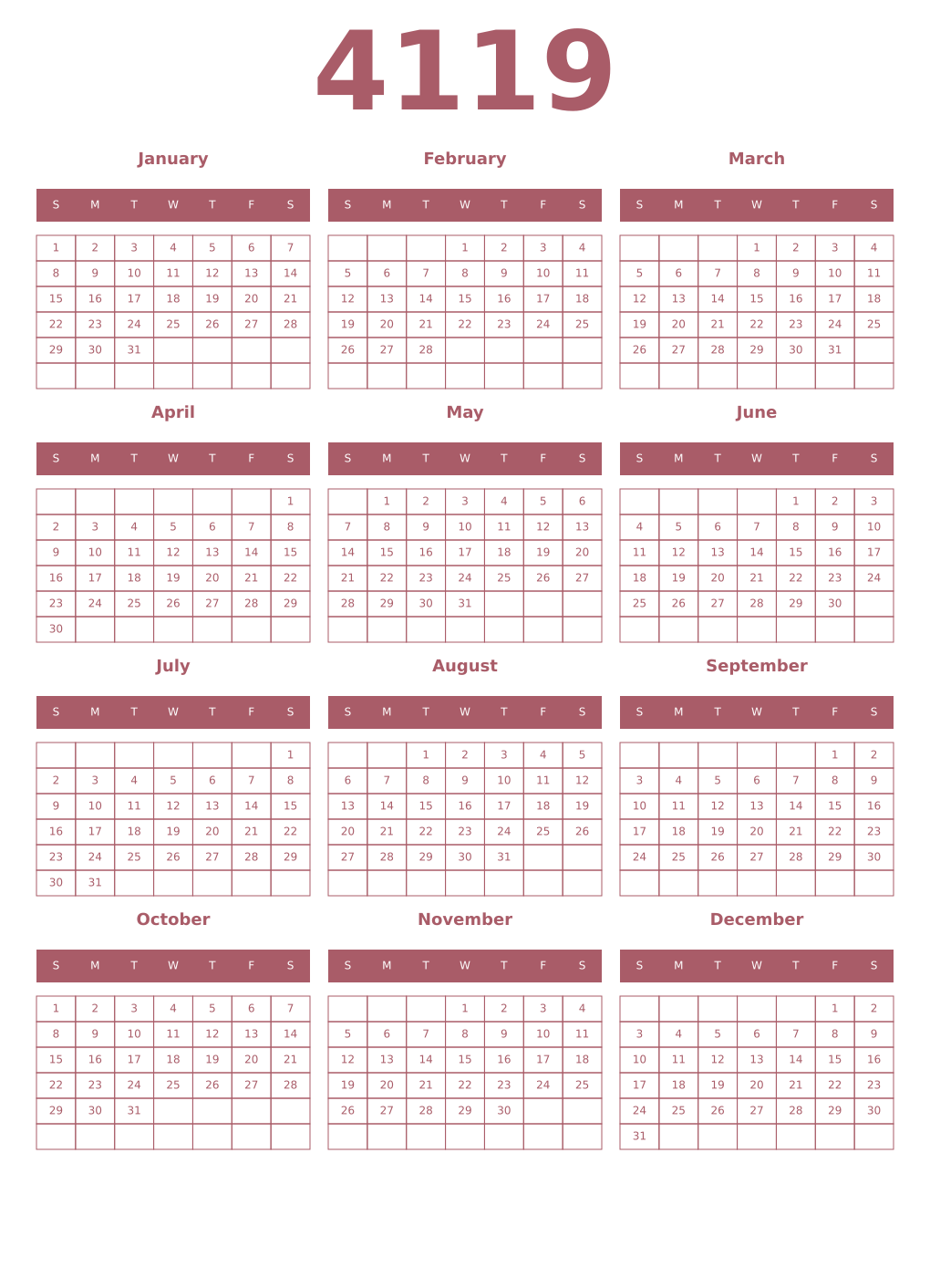 Printable 4119 Year Calendars puce