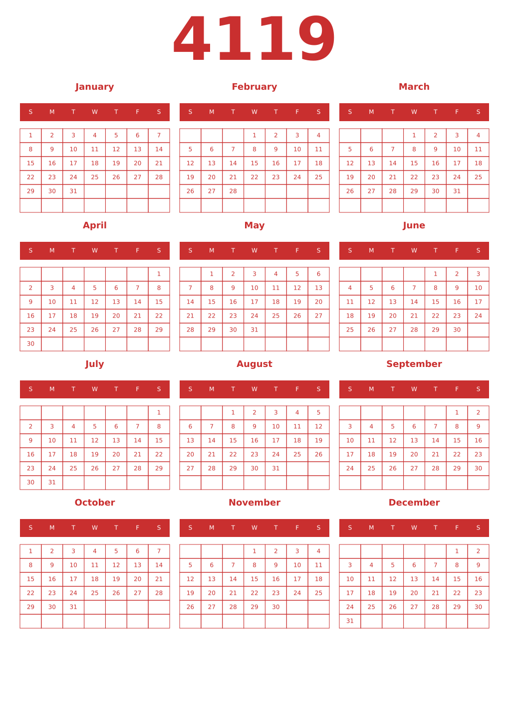 Printable 4119 Year Calendars red