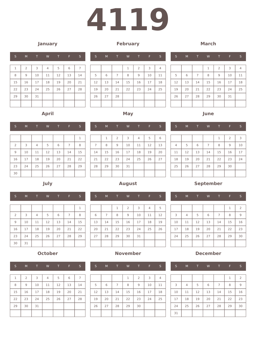 Printable 4119 Year Calendars wenge