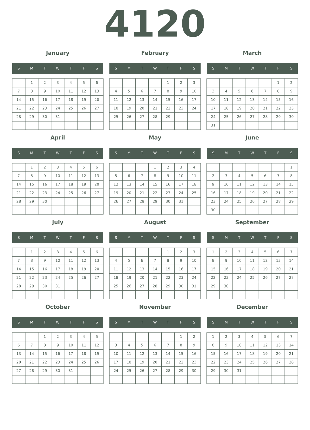 Printable 4120 Year Calendars feldgrau