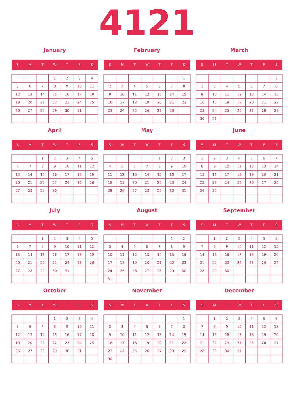 Printable 4121 Year Calendars amaranth