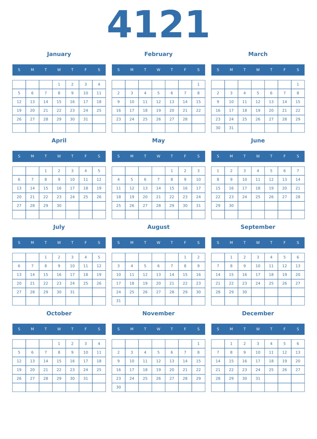 Printable 4121 Year Calendars blue