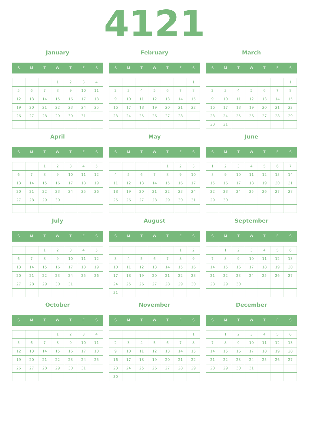 Printable 4121 Year Calendars celadon