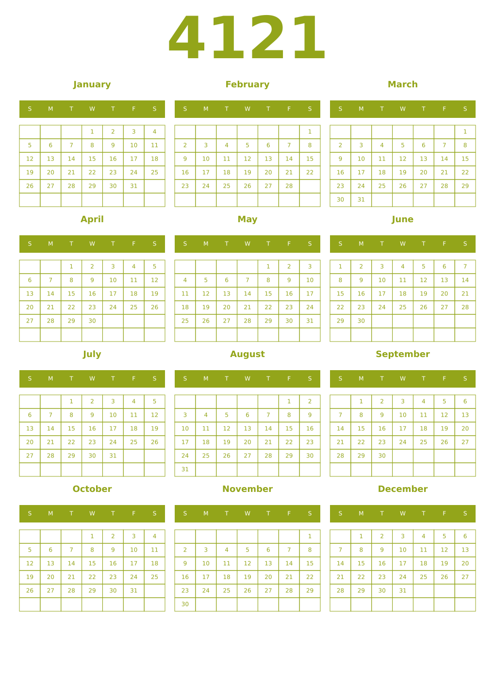 Printable 4121 Year Calendars chartreuse