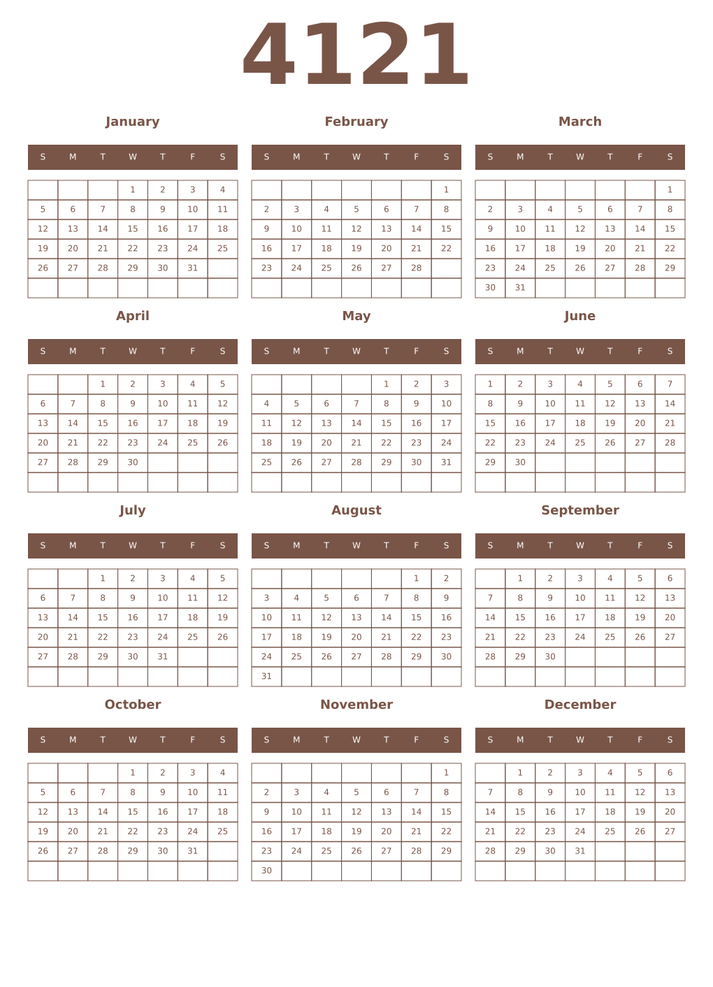 Printable 4121 Year Calendars coffe