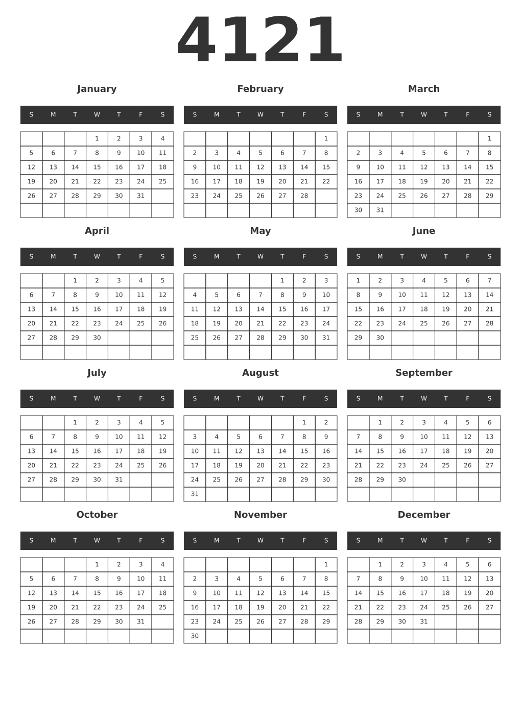 Printable 4121 Year Calendars dark