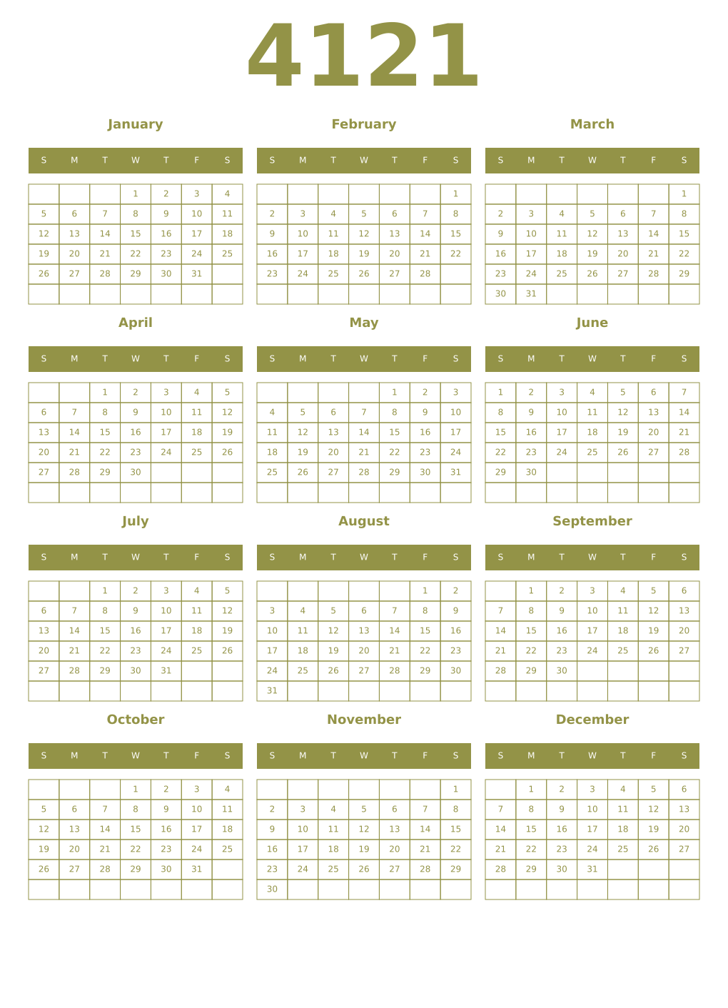Printable 4121 Year Calendars eburnean