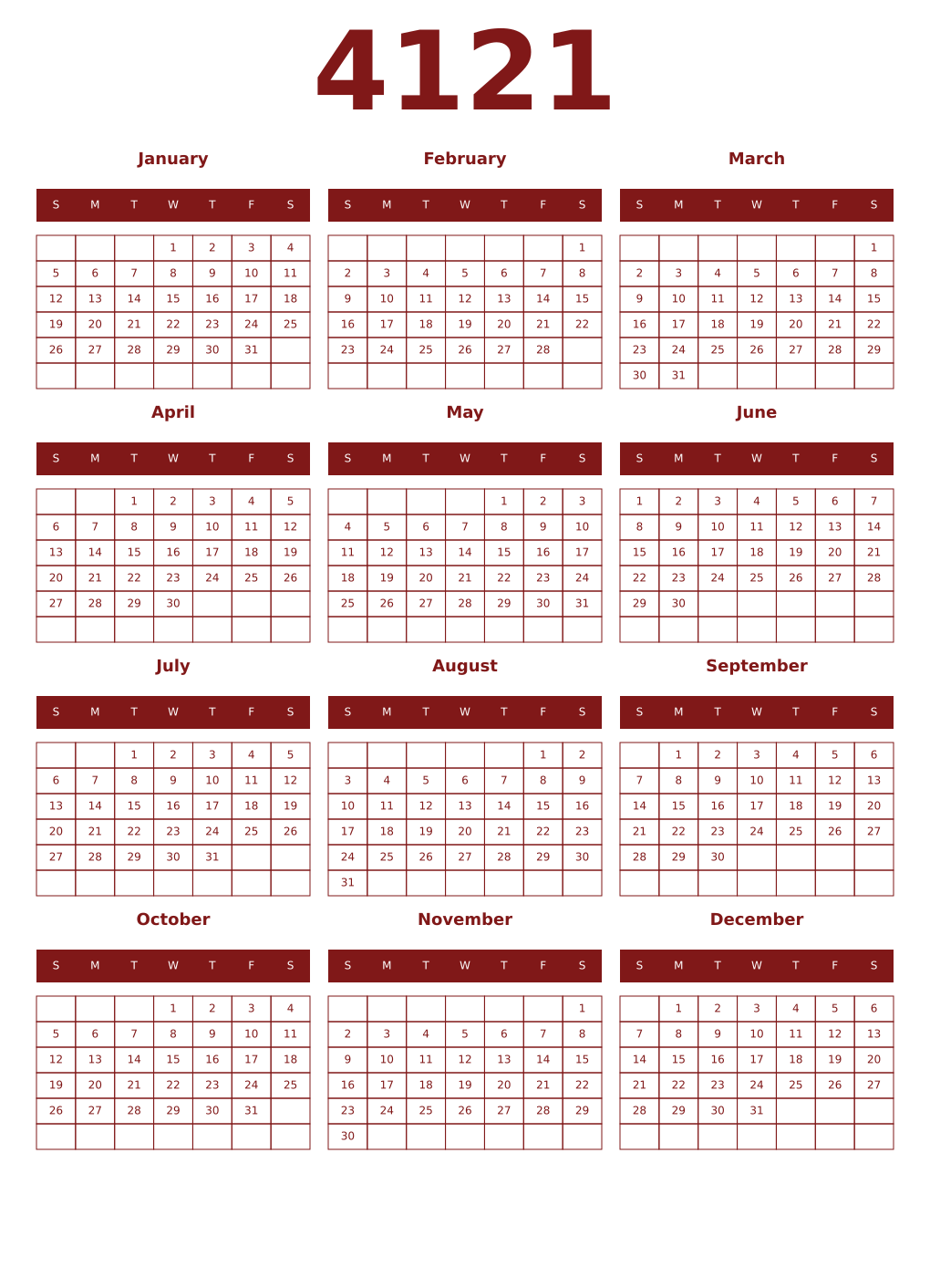 Printable 4121 Year Calendars falu