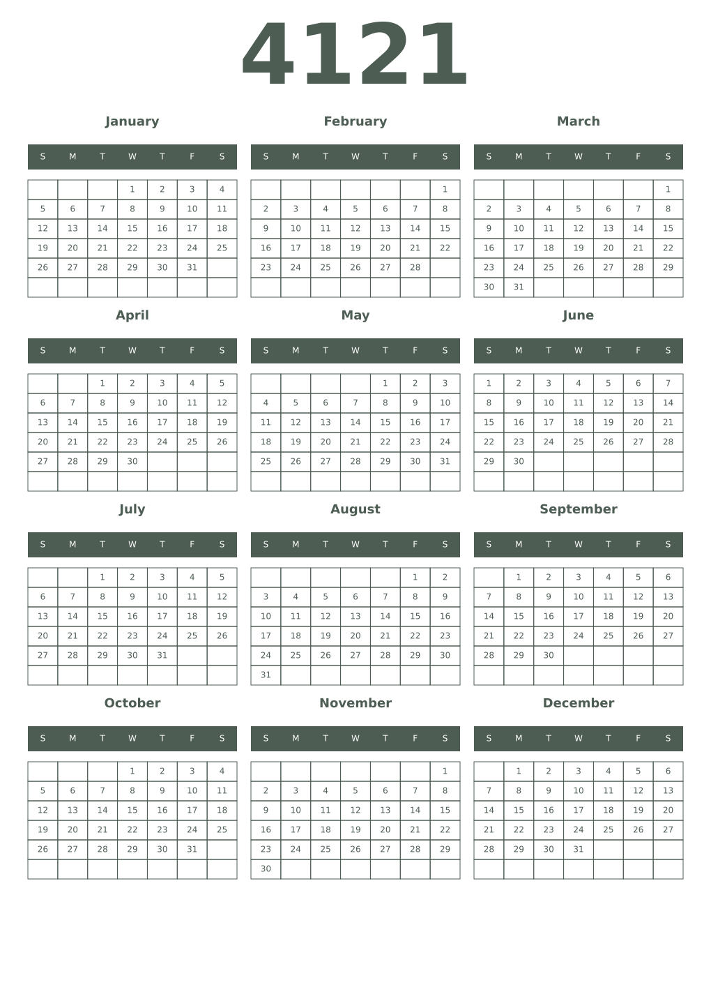 Printable 4121 Year Calendars feldgrau