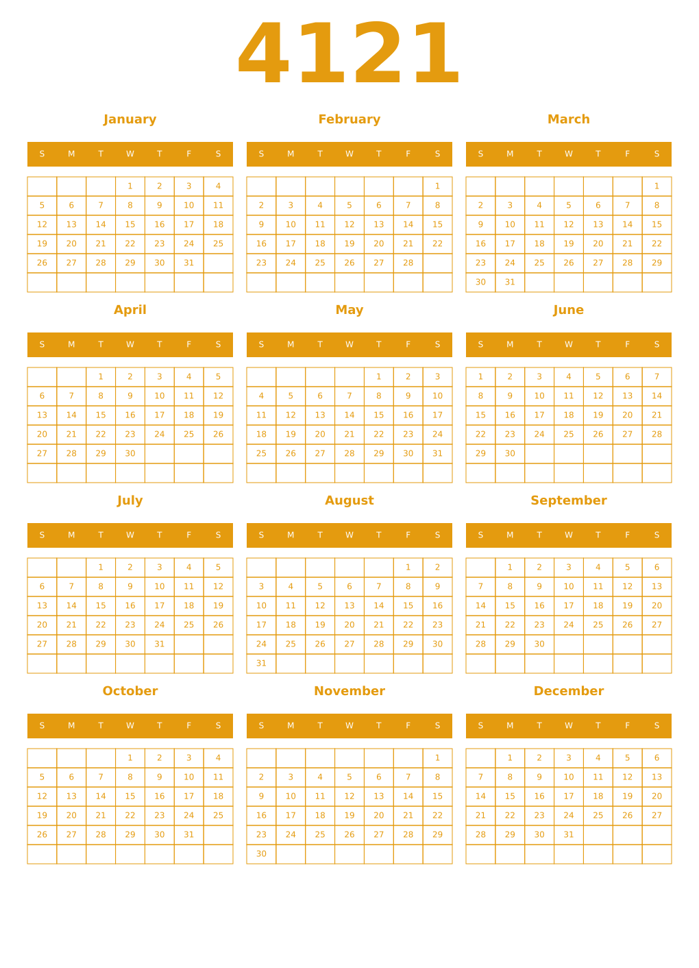 Printable 4121 Year Calendars gamboge