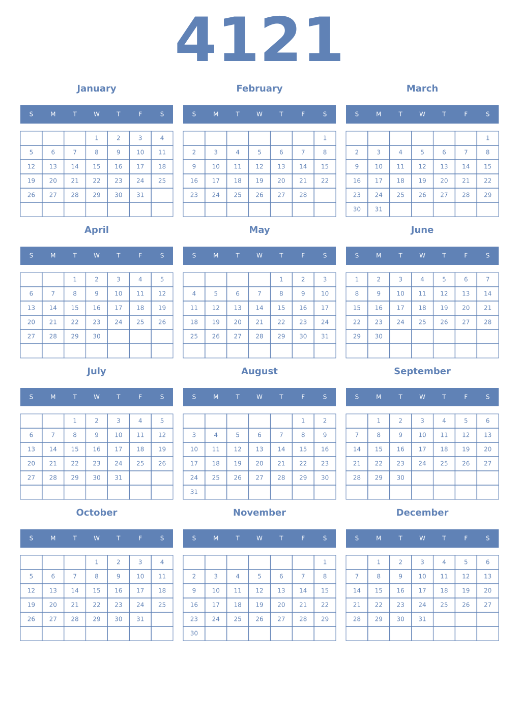 Printable 4121 Year Calendars glaucous