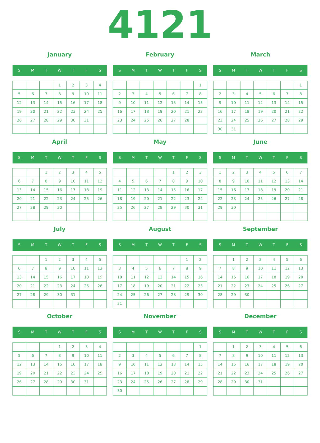 Printable 4121 Year Calendars green