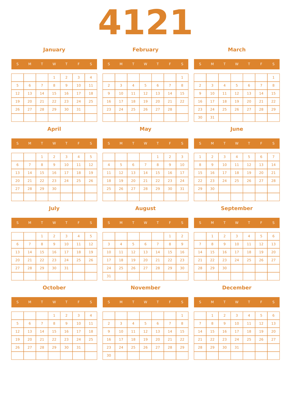 Printable 4121 Year Calendars orange
