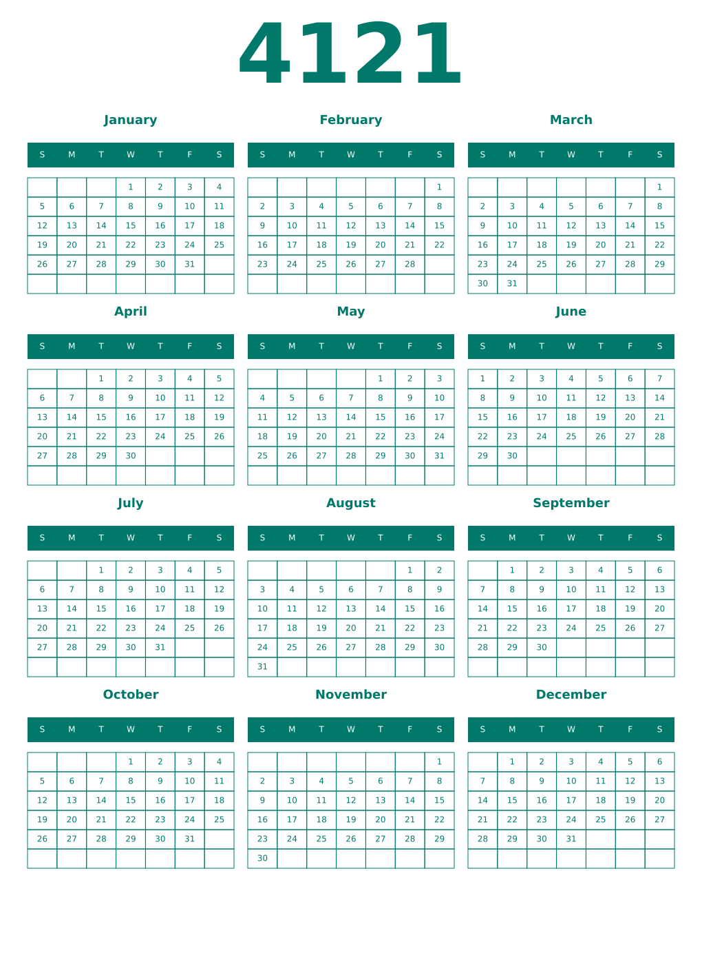 Printable 4121 Year Calendars pastel