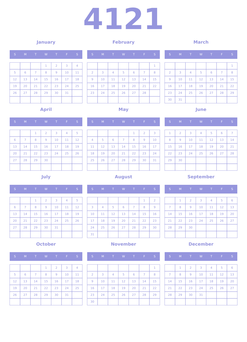 Printable 4121 Year Calendars periwinkle