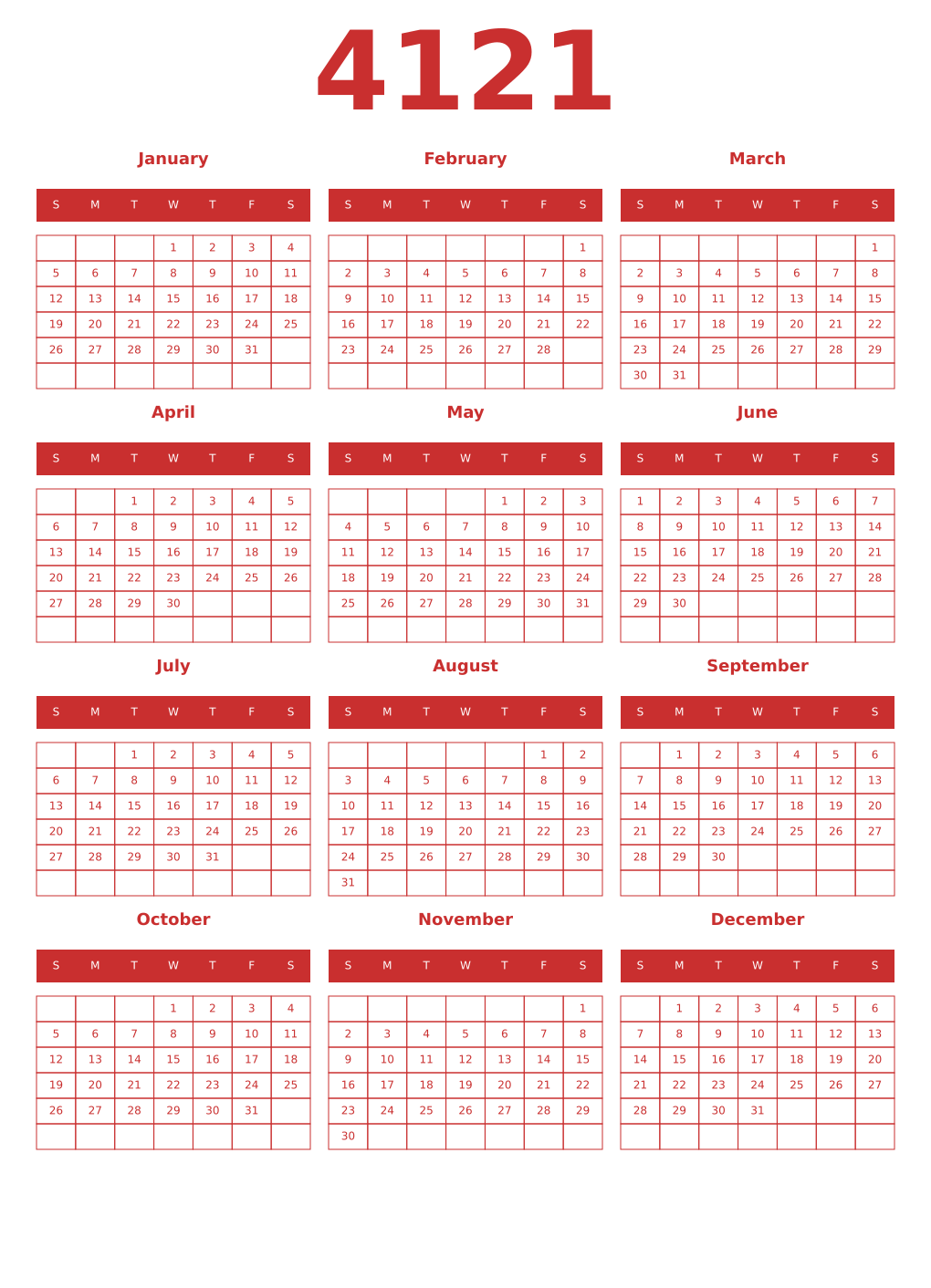 Printable 4121 Year Calendars red