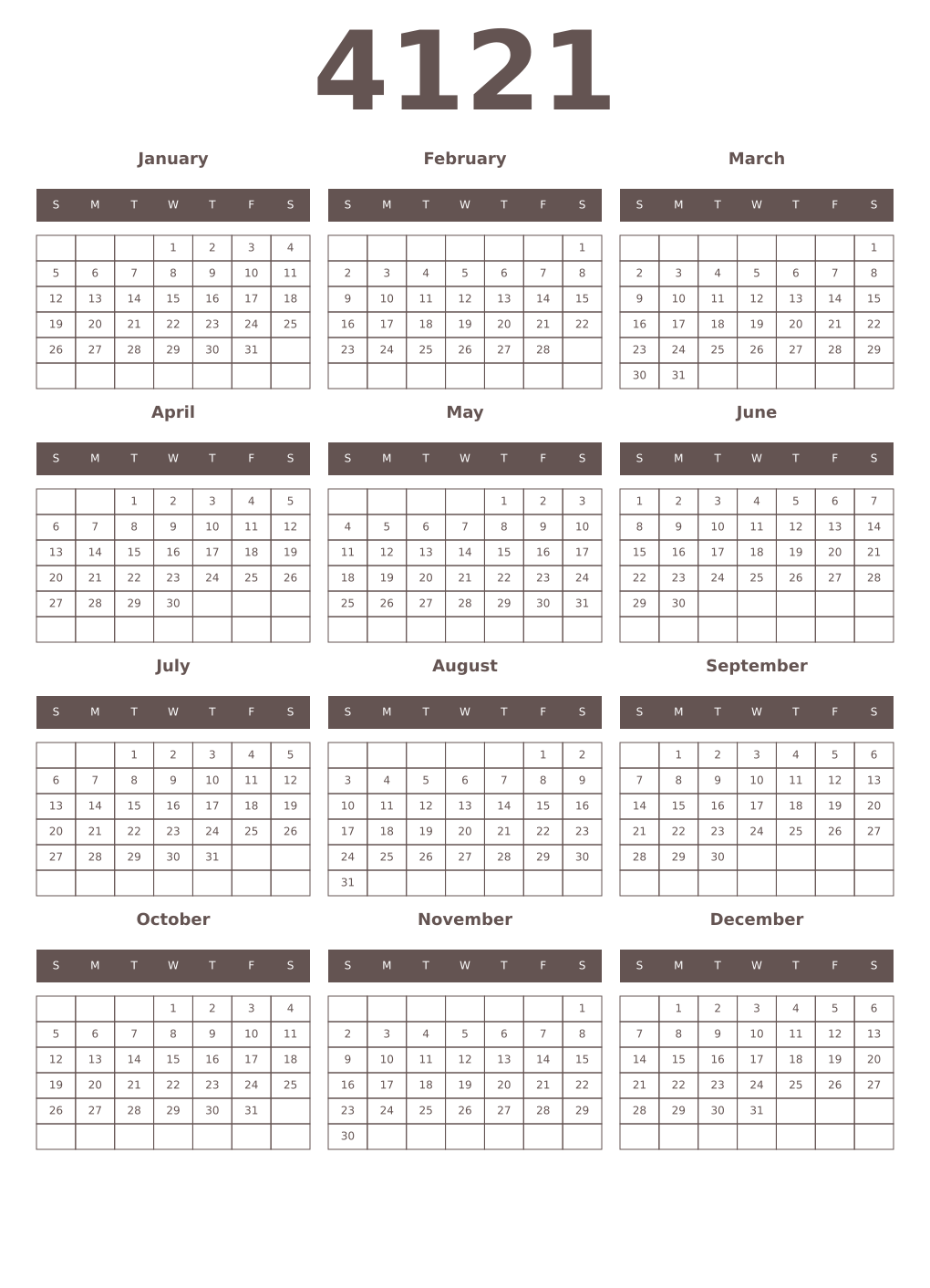 Printable 4121 Year Calendars wenge