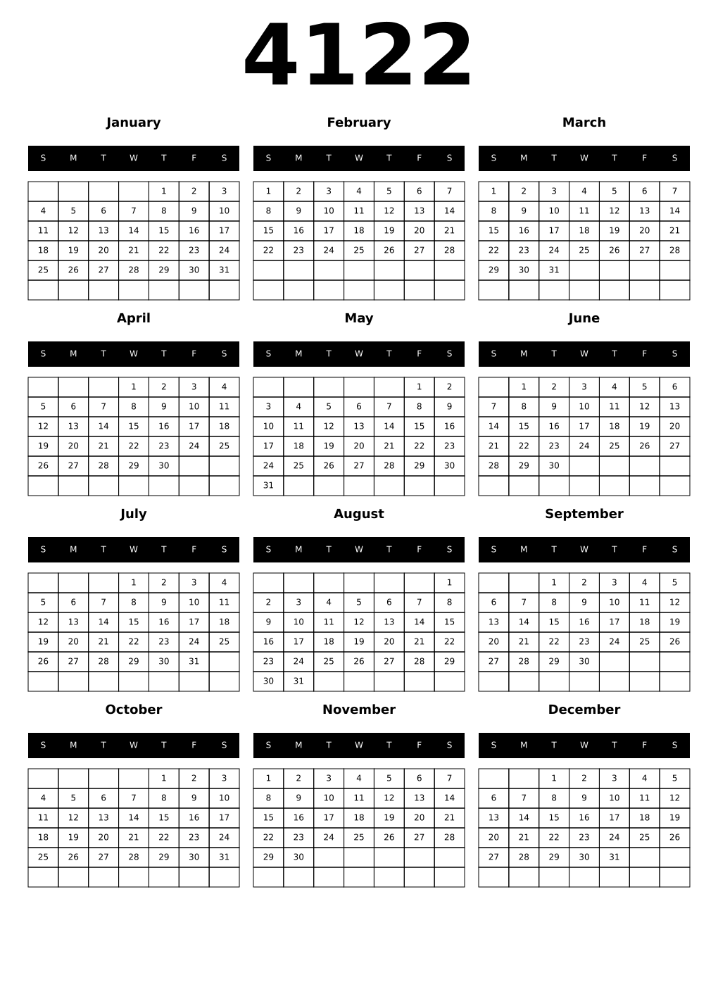 Printable 4122 Year Calendars black
