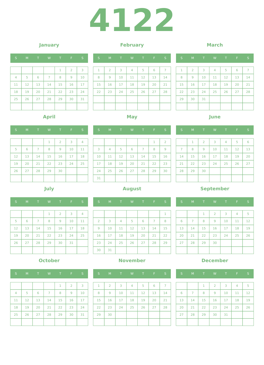 Printable 4122 Year Calendars celadon