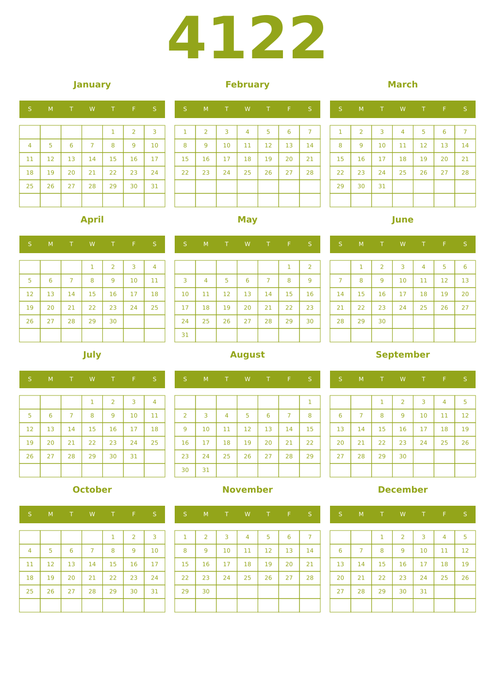 Printable 4122 Year Calendars chartreuse