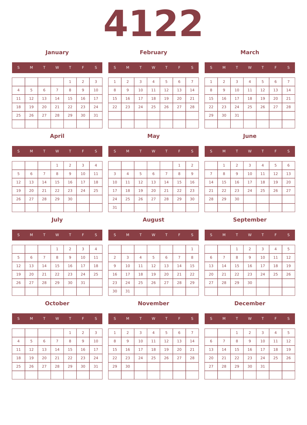 Printable 4122 Year Calendars cordovan