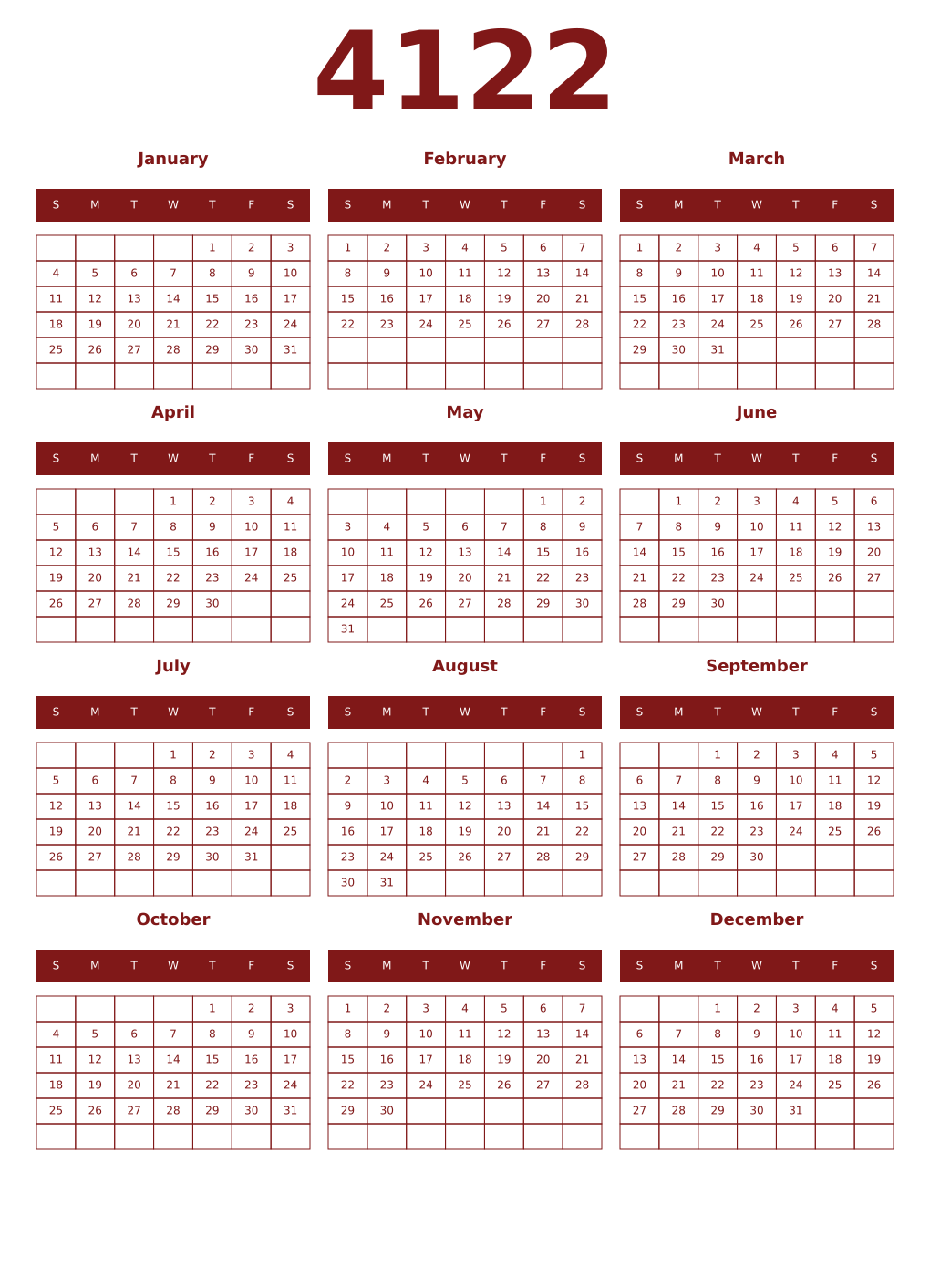 Printable 4122 Year Calendars falu